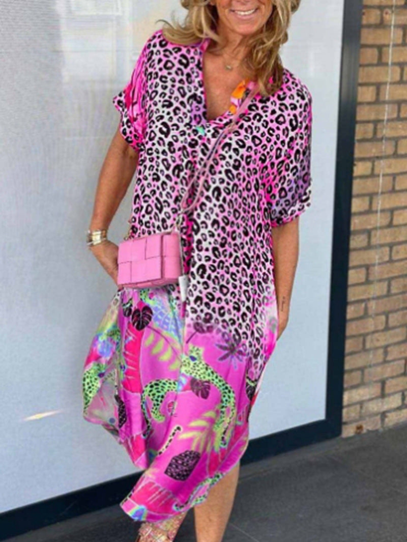 Robe midi à décolleté en V, ample, avec motif léopard et motifs tropicaux R&B