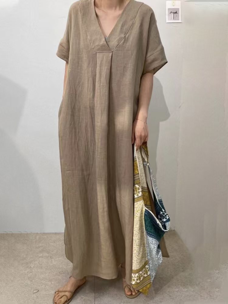 Robe longue en lin pour femmes avec décolleté en V et coupe décontractée R&B