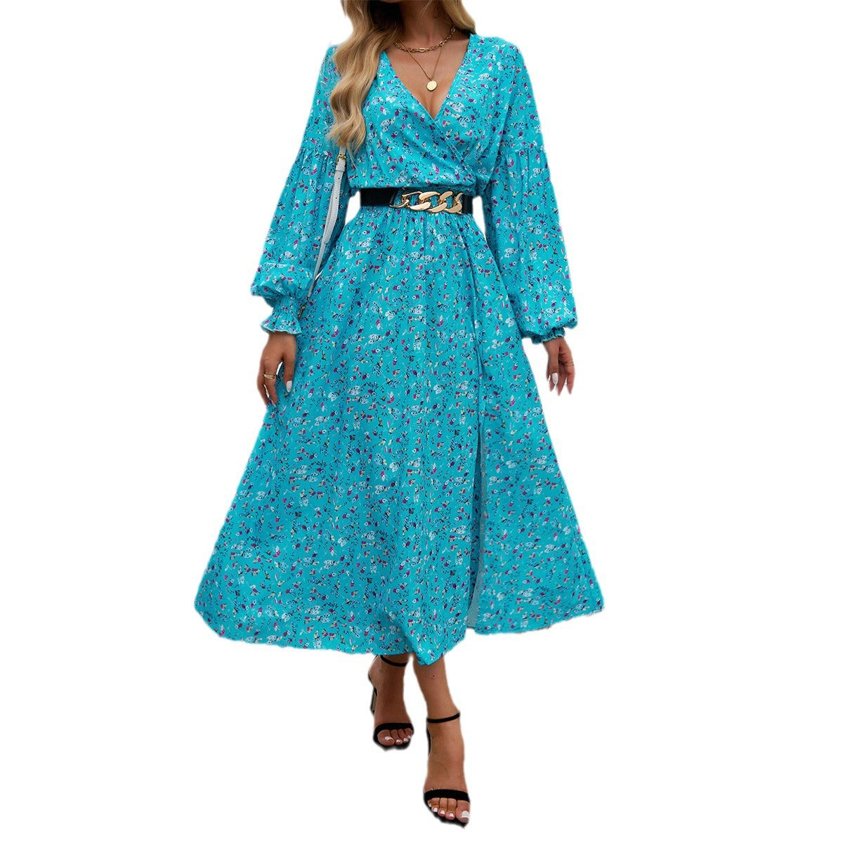 Robe midi portefeuille pour femmes avec décolleté en V, manches ballon et ceinture cintrante Echo Archiv