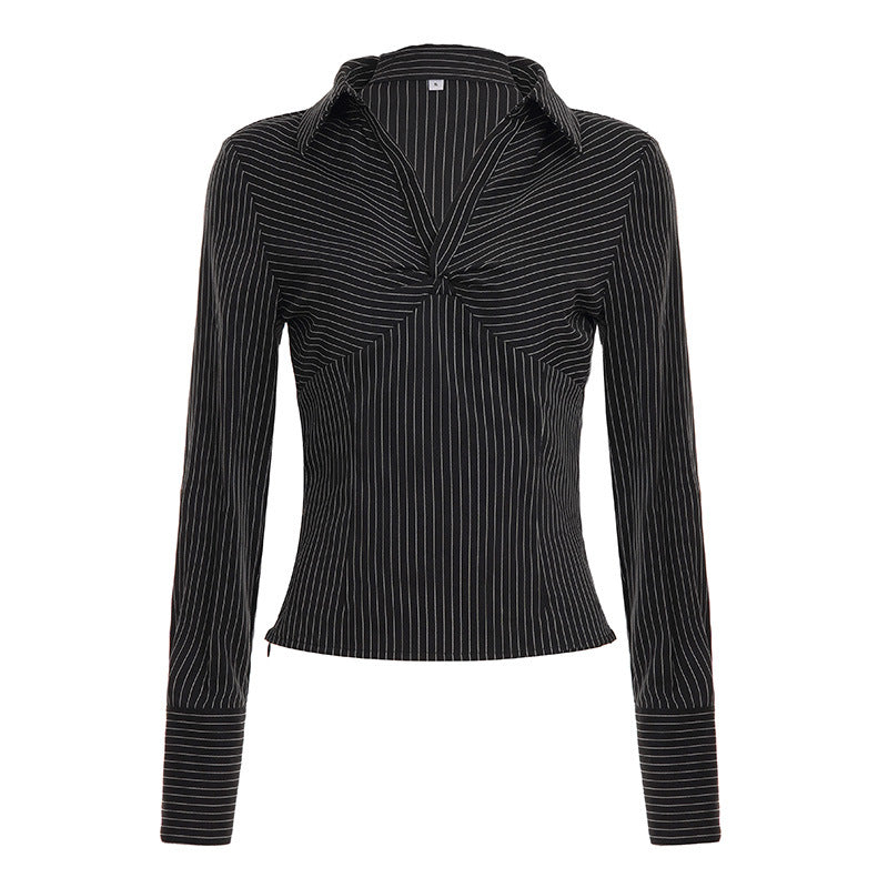 Chemisier ajusté à manches longues pour femmes avec décolleté en V twisté, col chemise et effet à rayures Echo Archiv