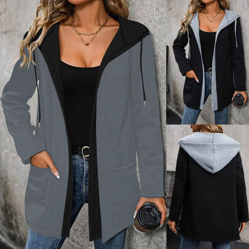 Cardigan long à capuche pour femmes avec garniture contrastante, cordon de serrage et poches Echoarchiv