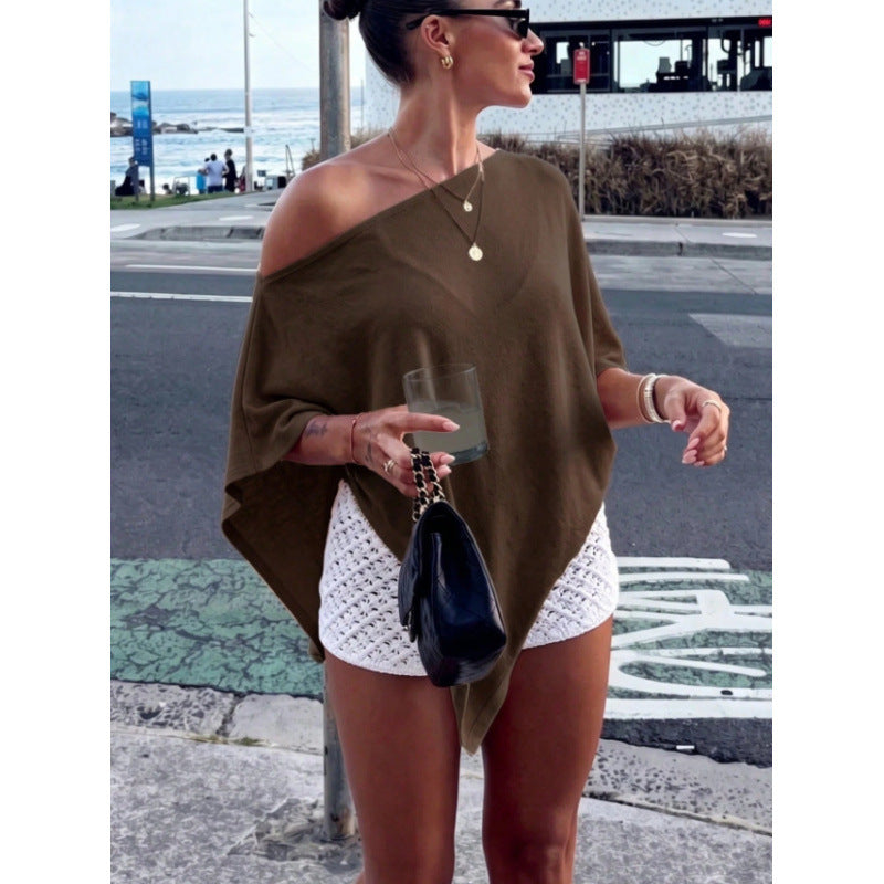 Top poncho asymétrique à épaules nues pour femmes en tricot léger Echoarchiv