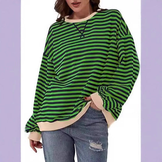 Sweat-shirt à rayures oversize décontracté pour femmes avec manches raglan et bords contrastés Echoarchiv