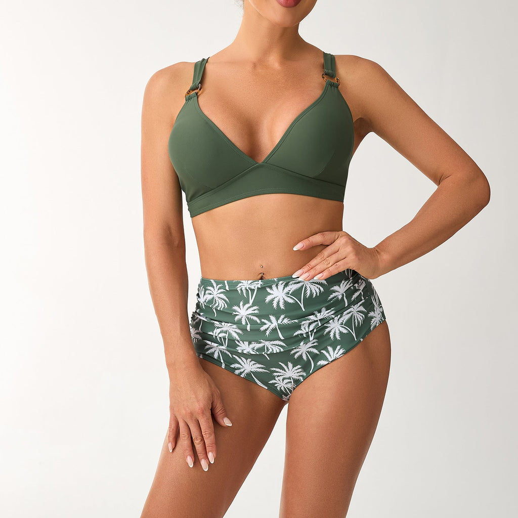 Ensemble de bikini taille haute pour femmes avec bretelles réglables et motif élégant de palmiers R&B