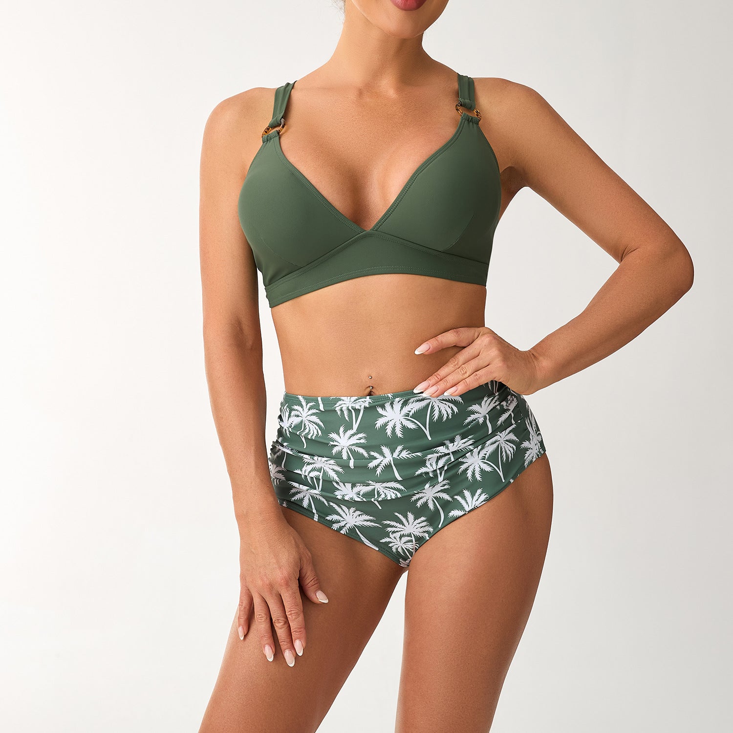 Ensemble de bikini taille haute pour femmes avec bretelles réglables et motif élégant de palmiers R&B