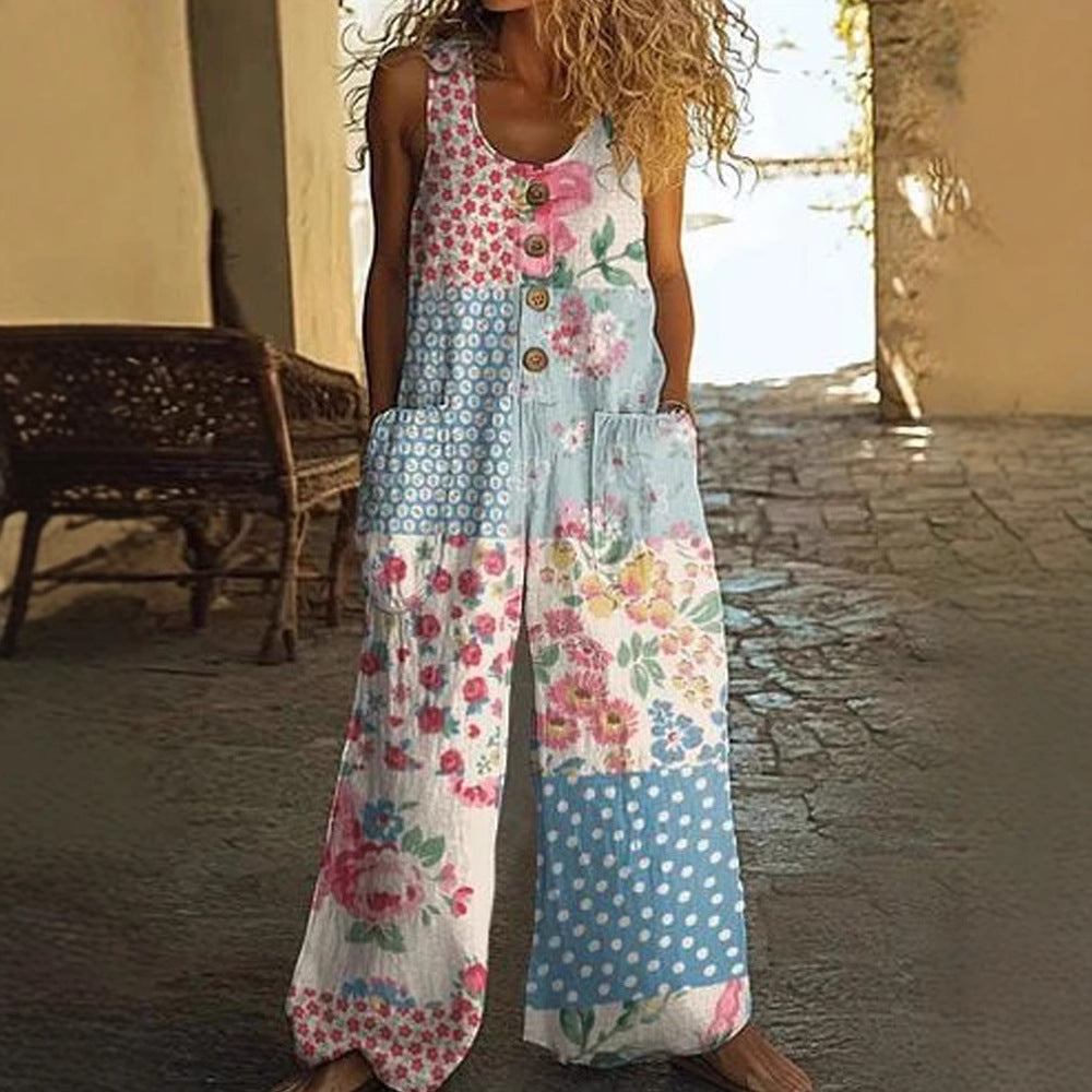 Salopette patchwork décontractée pour femmes avec détails en boutons R&B