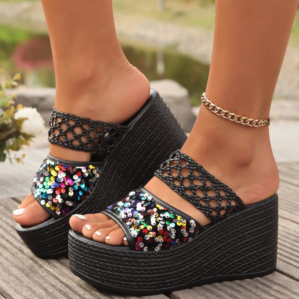 Pantoufles à talons compensés pour femmes avec paillettes scintillantes et matériau supérieur raffiné R&B