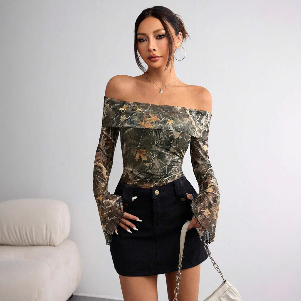 Top à manches longues sans épaules pour femmes avec motif camouflage et manches évasées R&B