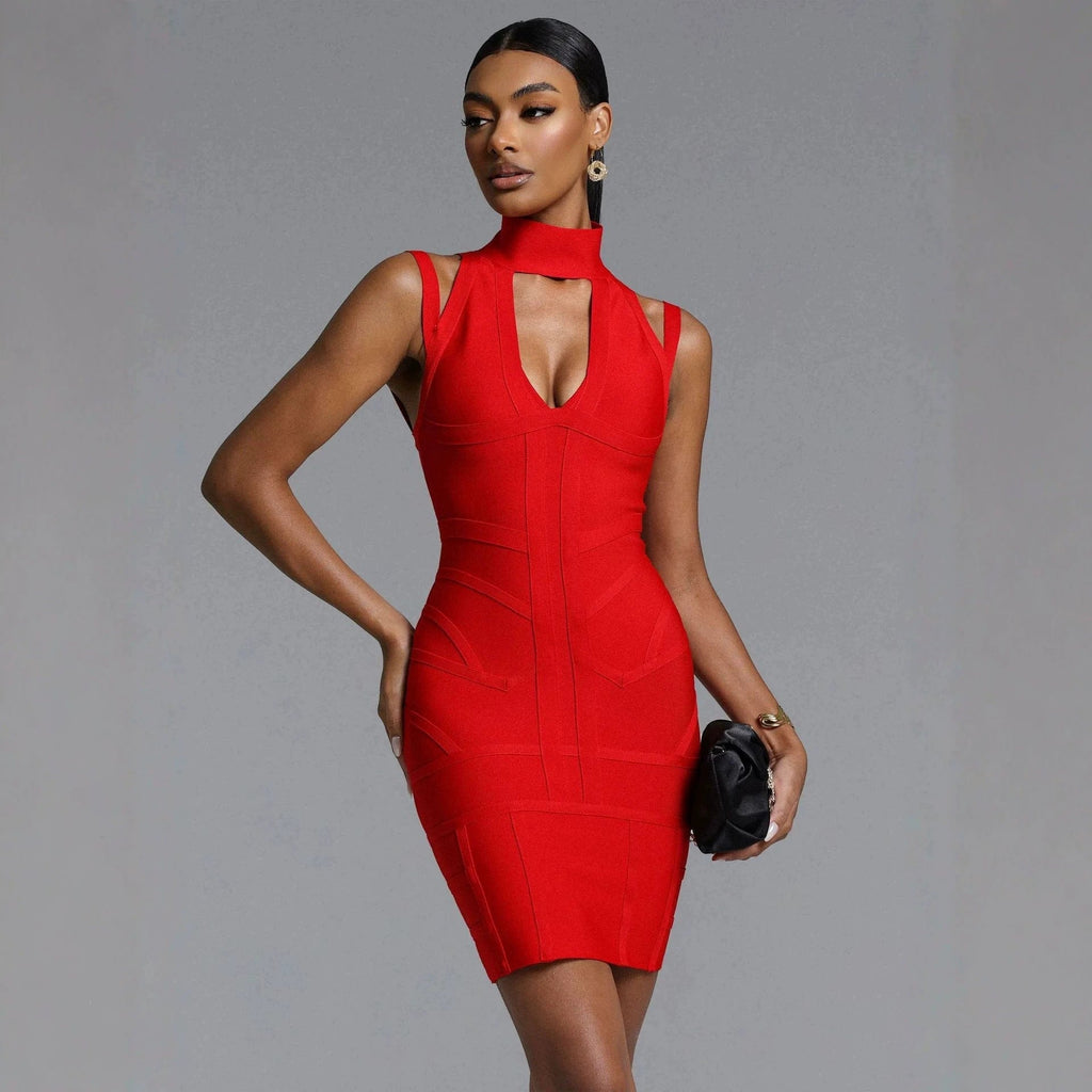 Robe courte ajustée pour femmes avec col montant et découpes raffinées R&B