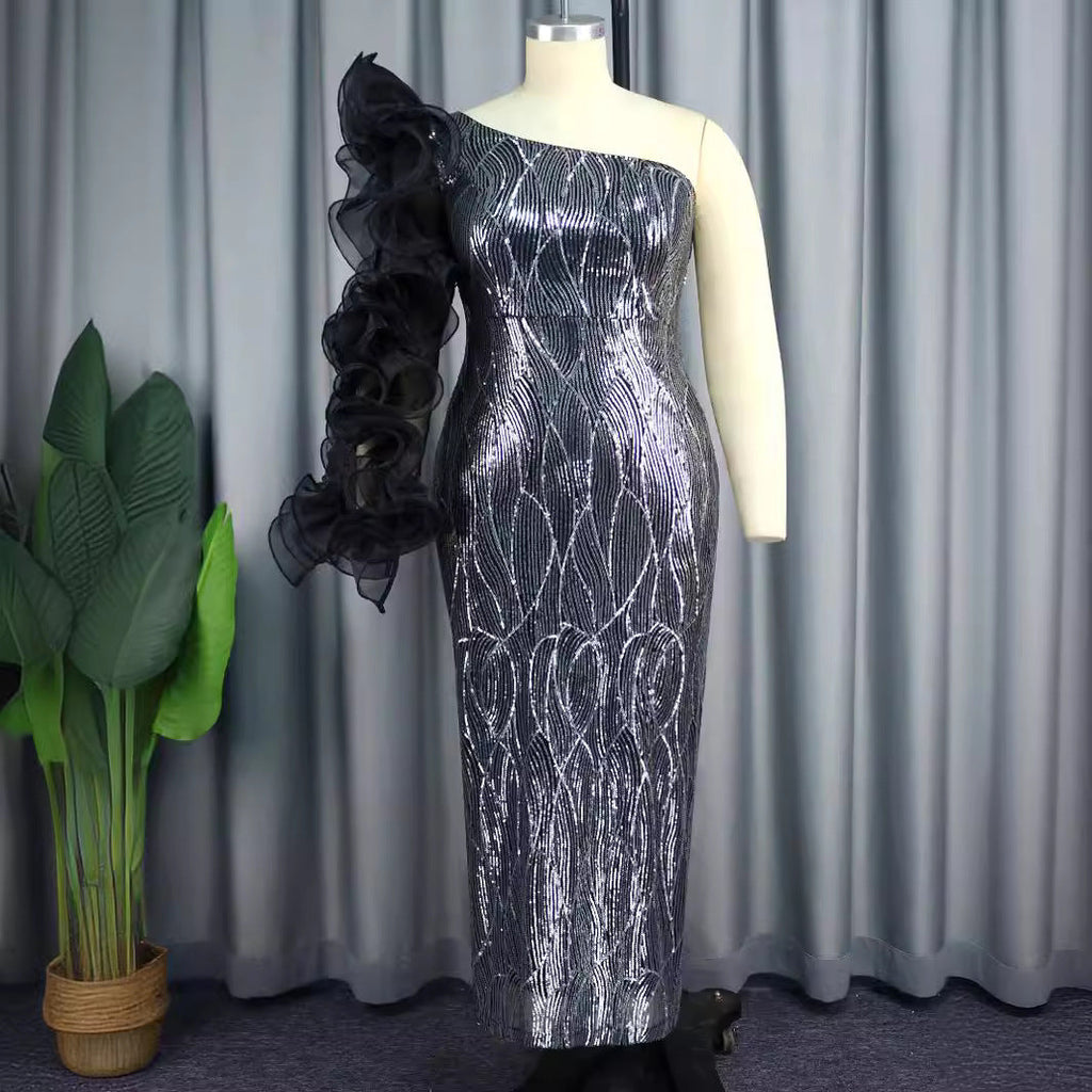 Robe de soirée glamour pour femmes avec design sans épaules et manches volumineuses R&B