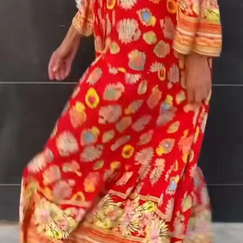 Robe midi kaftan légère pour femmes avec imprimé de bordure inspiré du folklore, décolleté en V, bandes à pompons et manches cloche à volants R&B