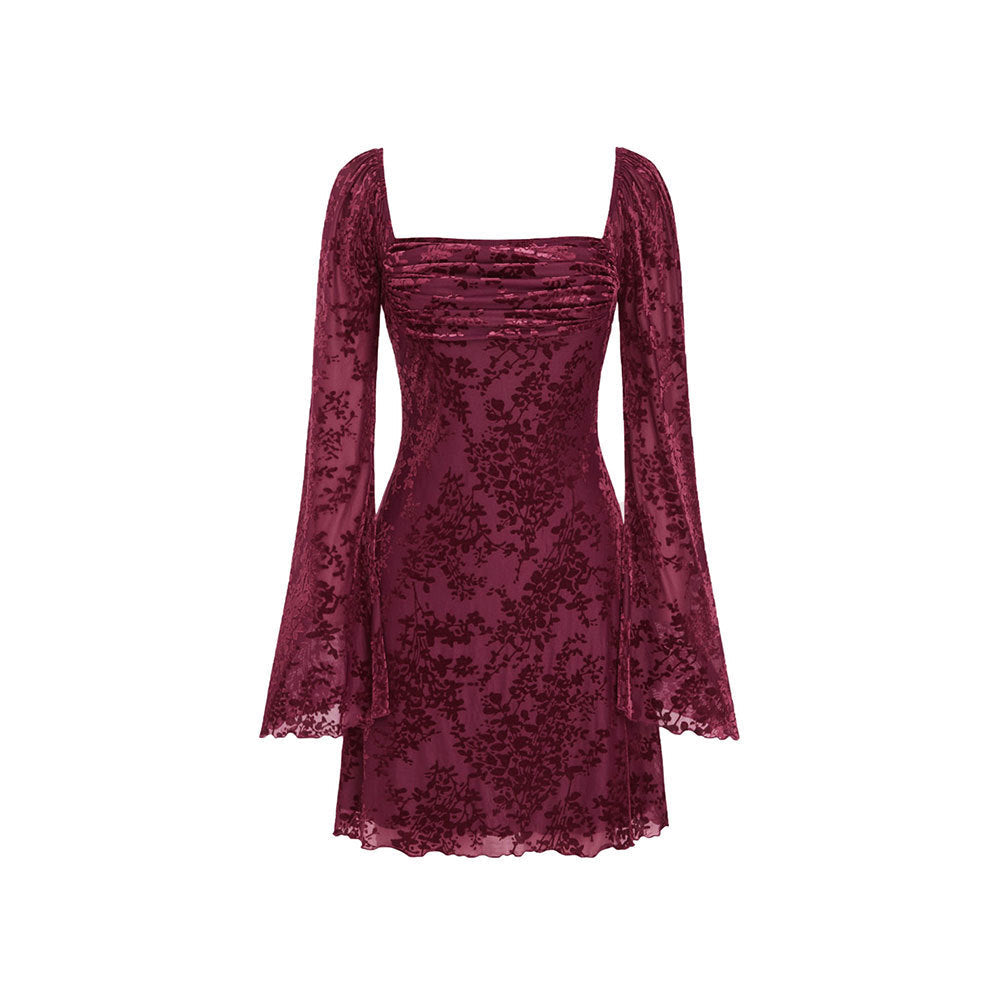 Robe mini en velours pour femmes avec décolleté carré, bustier froncé et manches évasées Echo Archiv