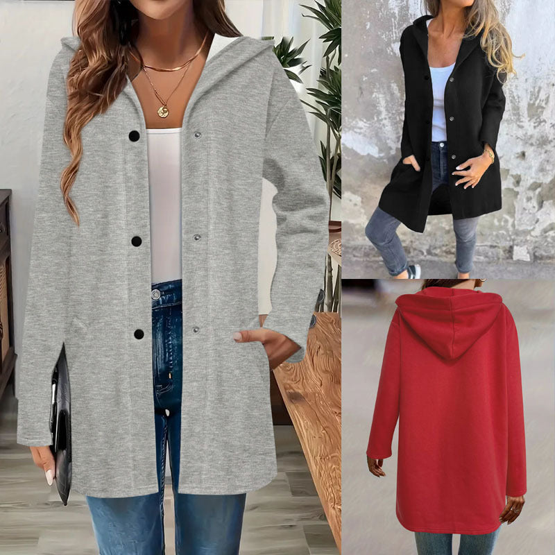 Manteau long à capuche pour femmes en sweat doux avec fermeture à boutons-pression et poches latérales Echoarchiv