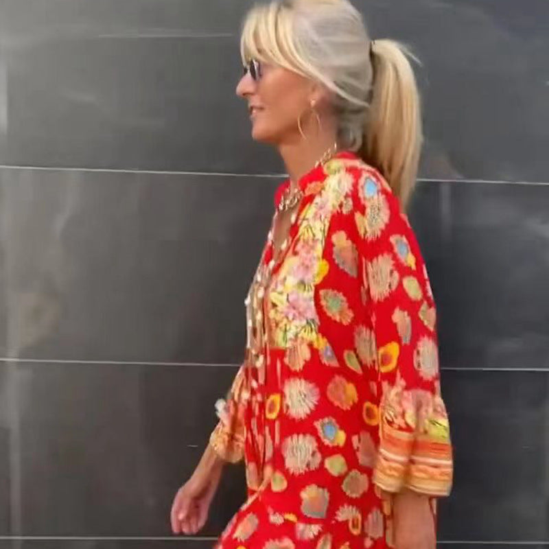 Robe midi kaftan légère pour femmes avec imprimé de bordure inspiré du folklore, décolleté en V, bandes à pompons et manches cloche à volants R&B