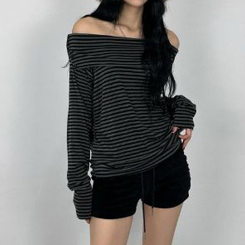 T-shirt à manches longues sans épaules pour femmes avec décolleté Carmen, coupe cintrée et motif à rayures fines Echo Archiv
