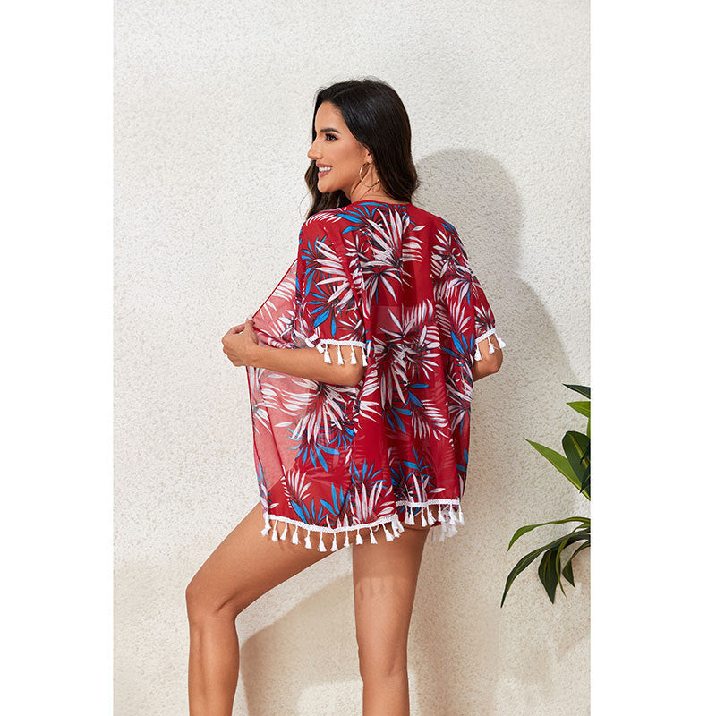 Veste de plage imprimée florale pour femmes avec finition à franges et bikini assorti Echo Archiv