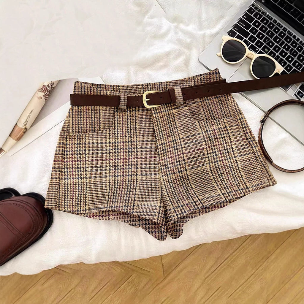 Shorts à carreaux pour femmes avec passants de ceinture R&B