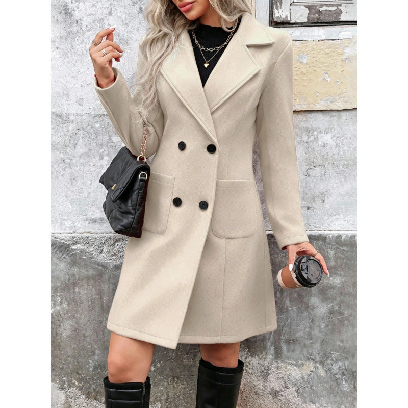 Manteau en mélange de laine pour femmes à double boutonnage avec col revers et poches plaquées Echoarchiv