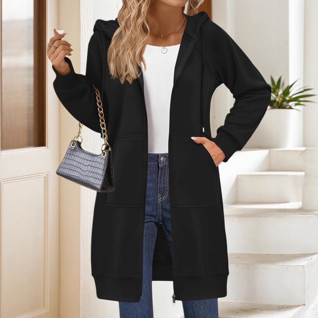 Sweat à capuche zippé long pour femmes avec silhouette oversize, poches kangourou et bords côtelés Echoarchiv
