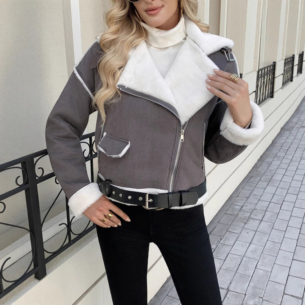 Veste en simili cuir pour femmes avec garniture en fausse fourrure luxueuse