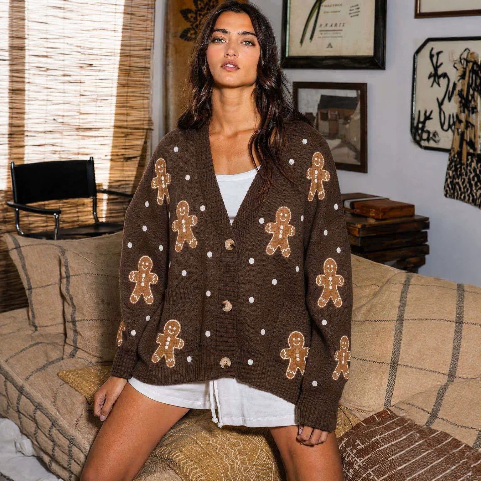 Cardigan en tricot oversized pour femmes avec broderie de pain d'épice et décolleté en V profond Echo Archiv