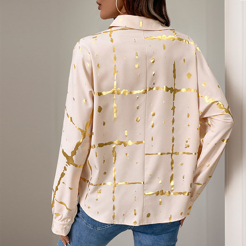 Blouse élégante à manches longues pour femmes avec impression en feuille d'or, col chemise et coupe décontractée Echoarchiv