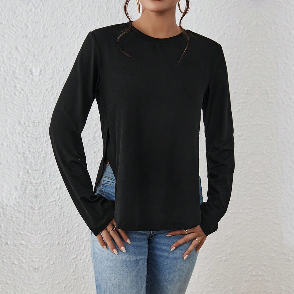 T-shirt à manches longues pour femmes avec fentes latérales, col rond et coupe décontractée