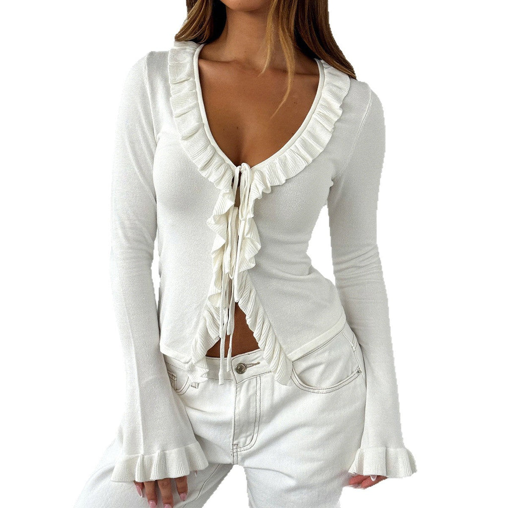 Cardigan en maille fine à volants cintré pour femmes avec lien à nouer, décolleté en V et manches à volants Echo Archiv
