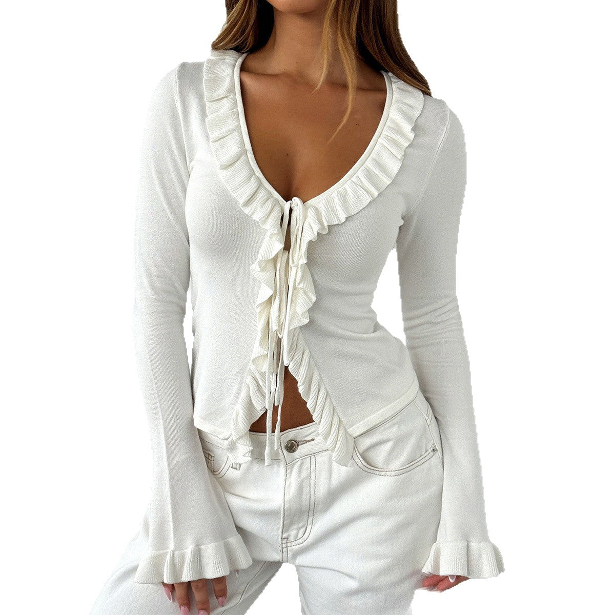Cardigan en maille fine à volants cintré pour femmes avec lien à nouer, décolleté en V et manches à volants Echo Archiv