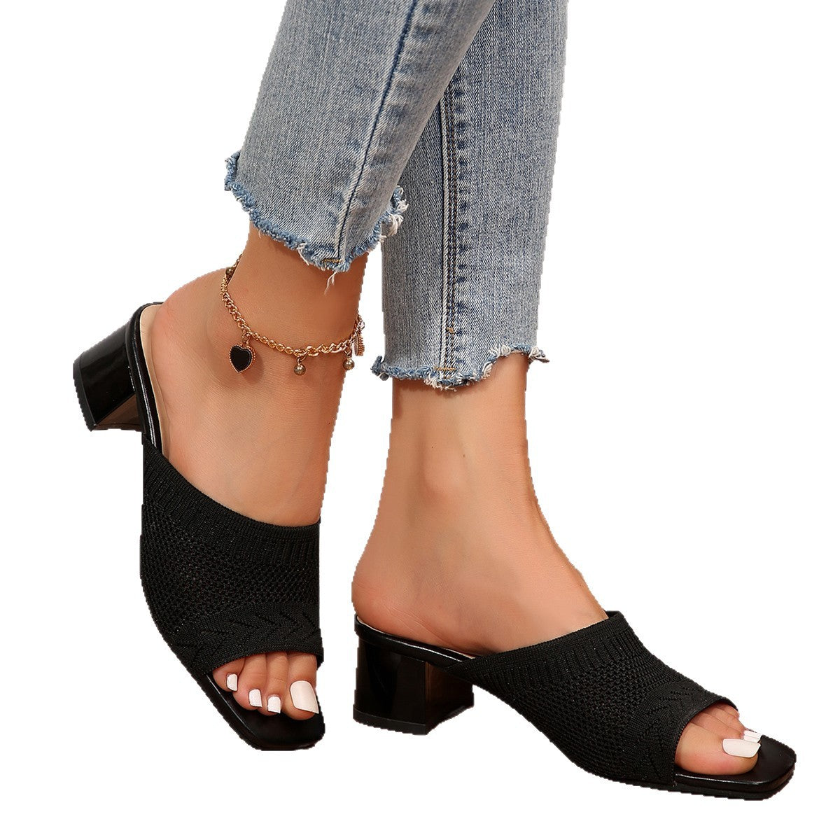Mules pour femmes avec un dessus en tricot à la mode et un élégant talon bloc R&B
