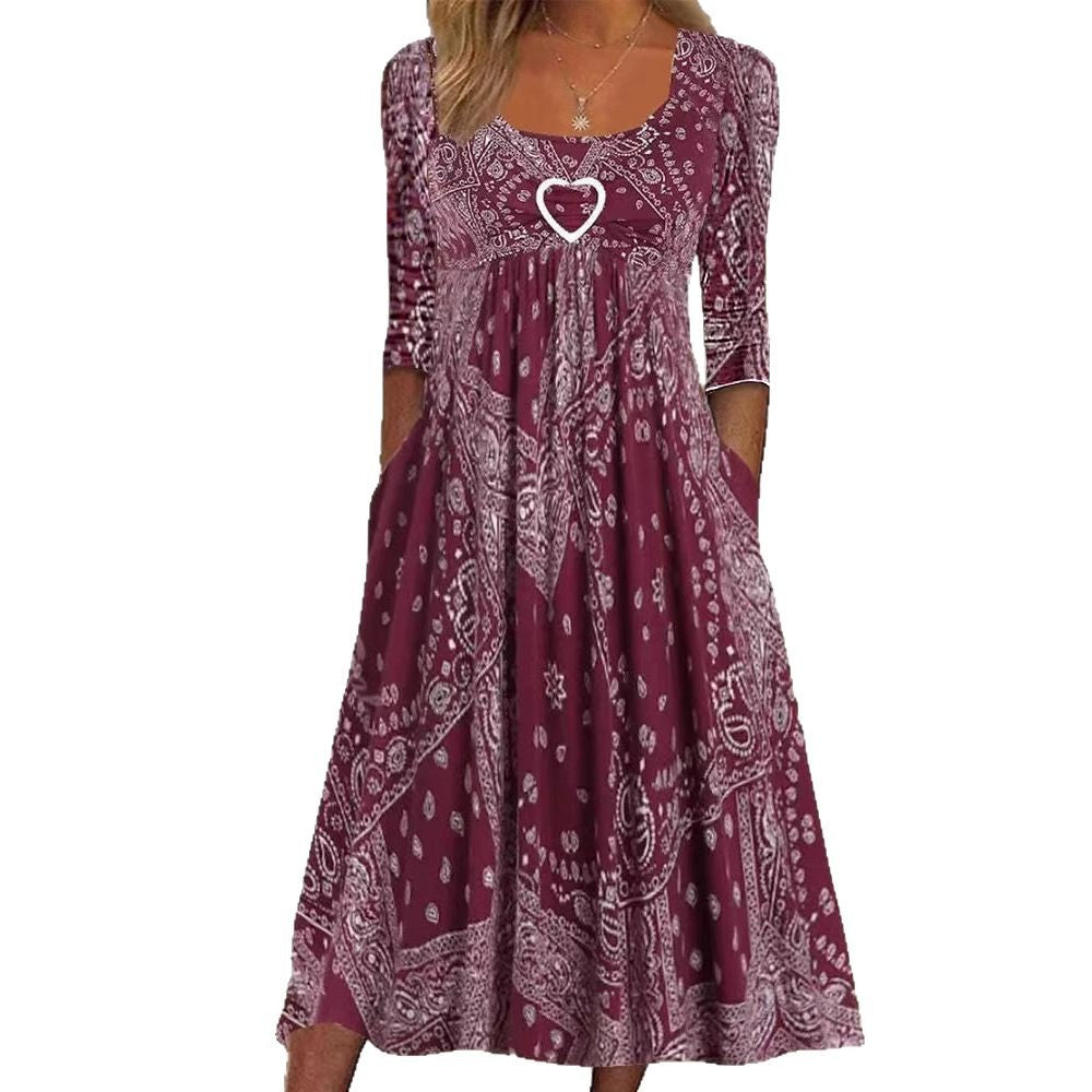 Robe maxi pour femmes avec motif bandana paisley, couture empire, zone sous-poitrine froncée et poches latérales R&B