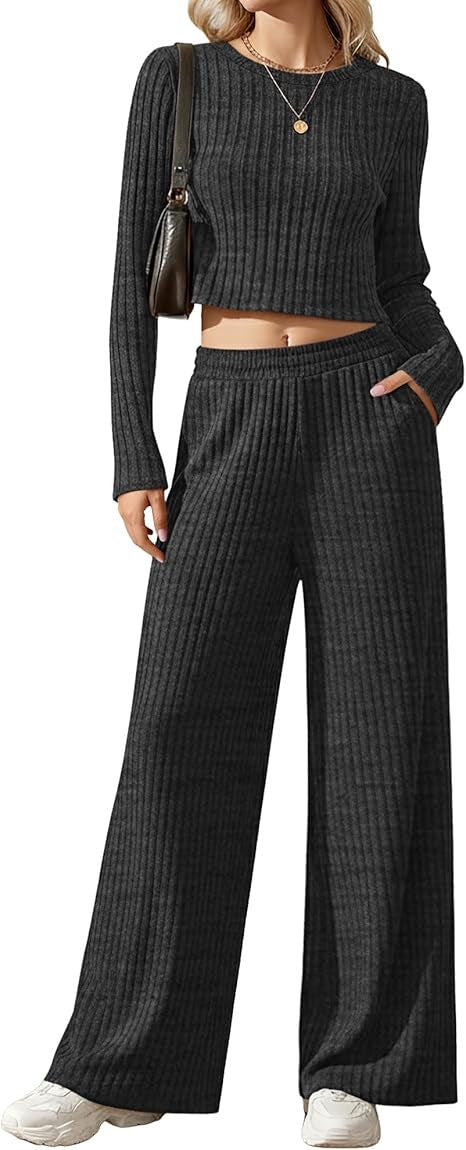 Ensemble Lounge en Tricot Fins Côtelé pour Femmes avec Top à Manches Longues Court et Pantalon Palazzo Taille Haute Echoarchiv