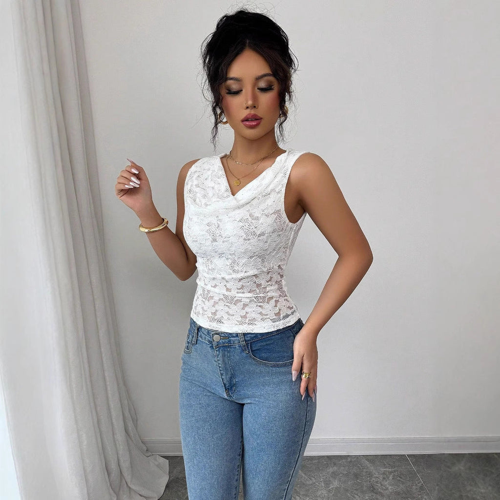 Top en dentelle pour femmes avec décolleté en cascade et taille cintrée R&B