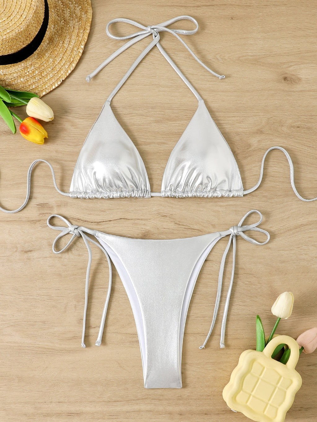 Ensemble de bikini triangle brillant pour femmes avec bretelles réglables R&B
