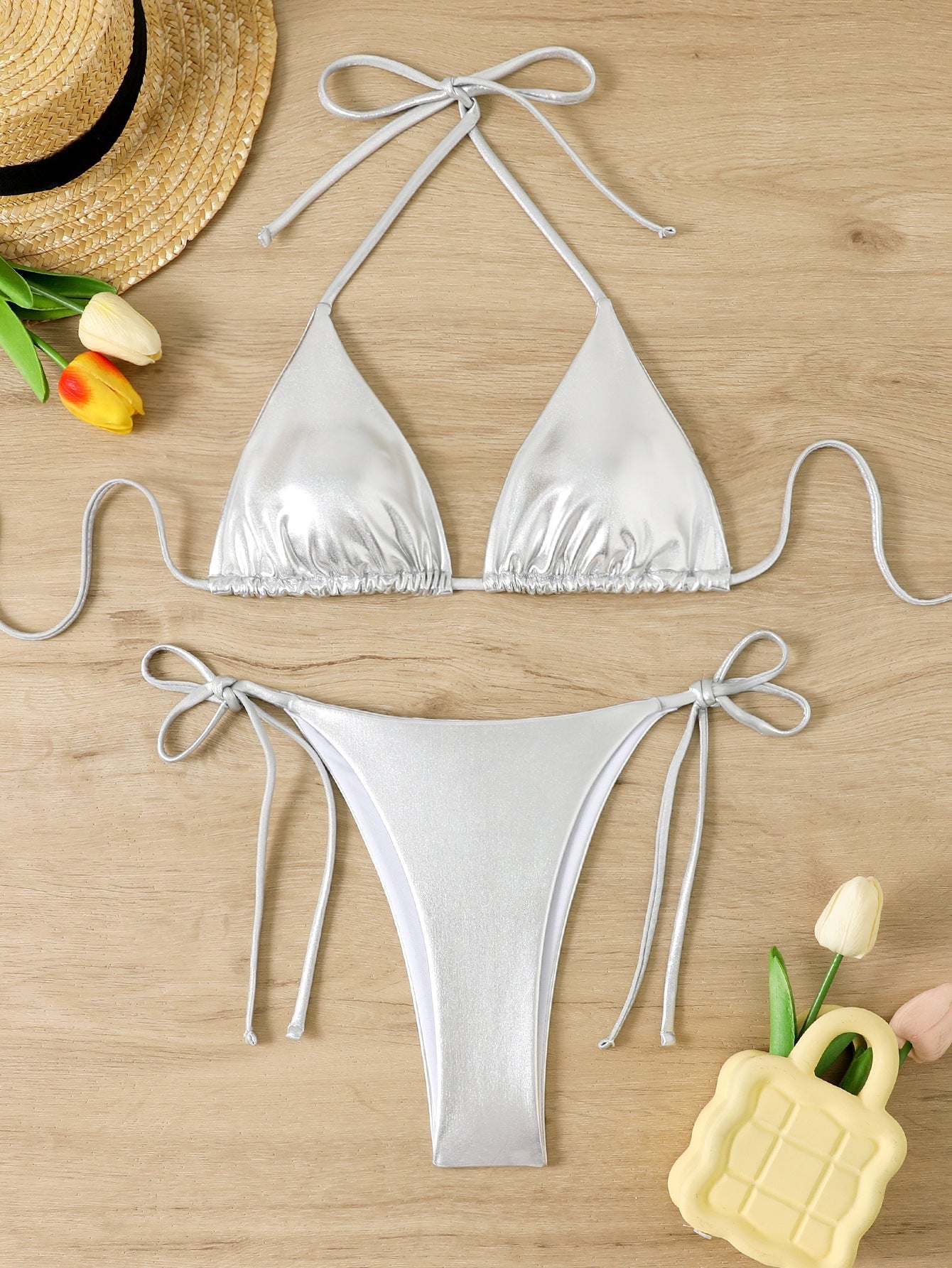 Ensemble de bikini triangle brillant pour femmes avec bretelles réglables R&B