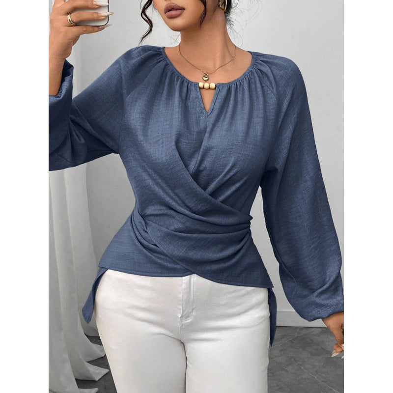 Blouse wrap cintrée pour femmes avec détail de perles et manches ballon Echoarchiv