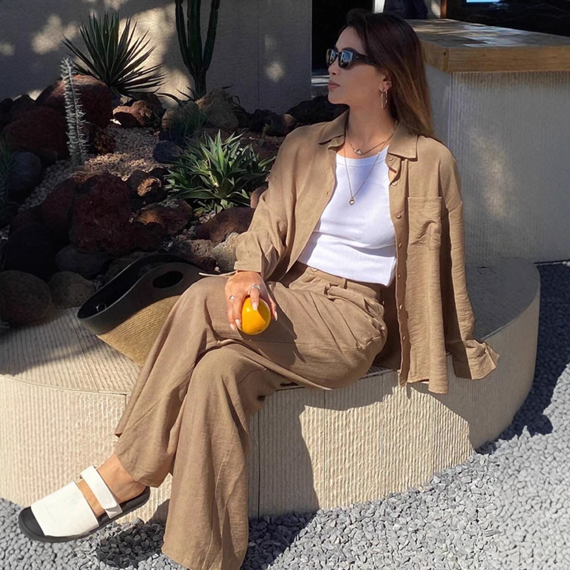 Ensemble de détente en lin pour femmes avec chemise oversize et pantalon palazzo à cordon Echo Archiv