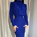 Robe midi élégante pour femmes avec devant drapé en cascade, silhouette crayon cintrée et manches longues Echo Archiv