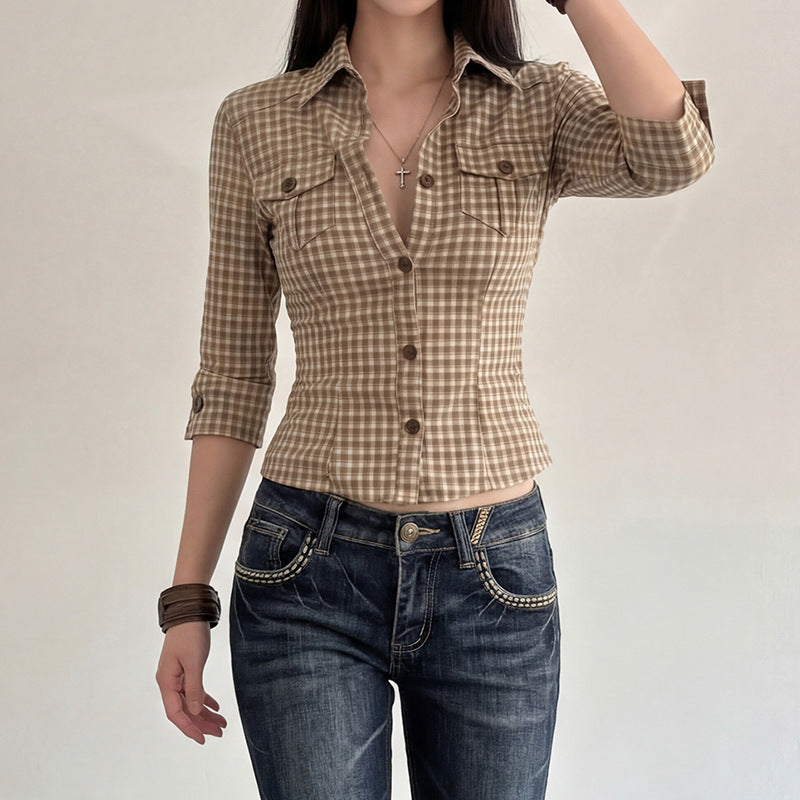 Blouse à carreaux cintrée à manches trois-quarts pour femmes avec poches poitrine et col de chemise Echo Archiv