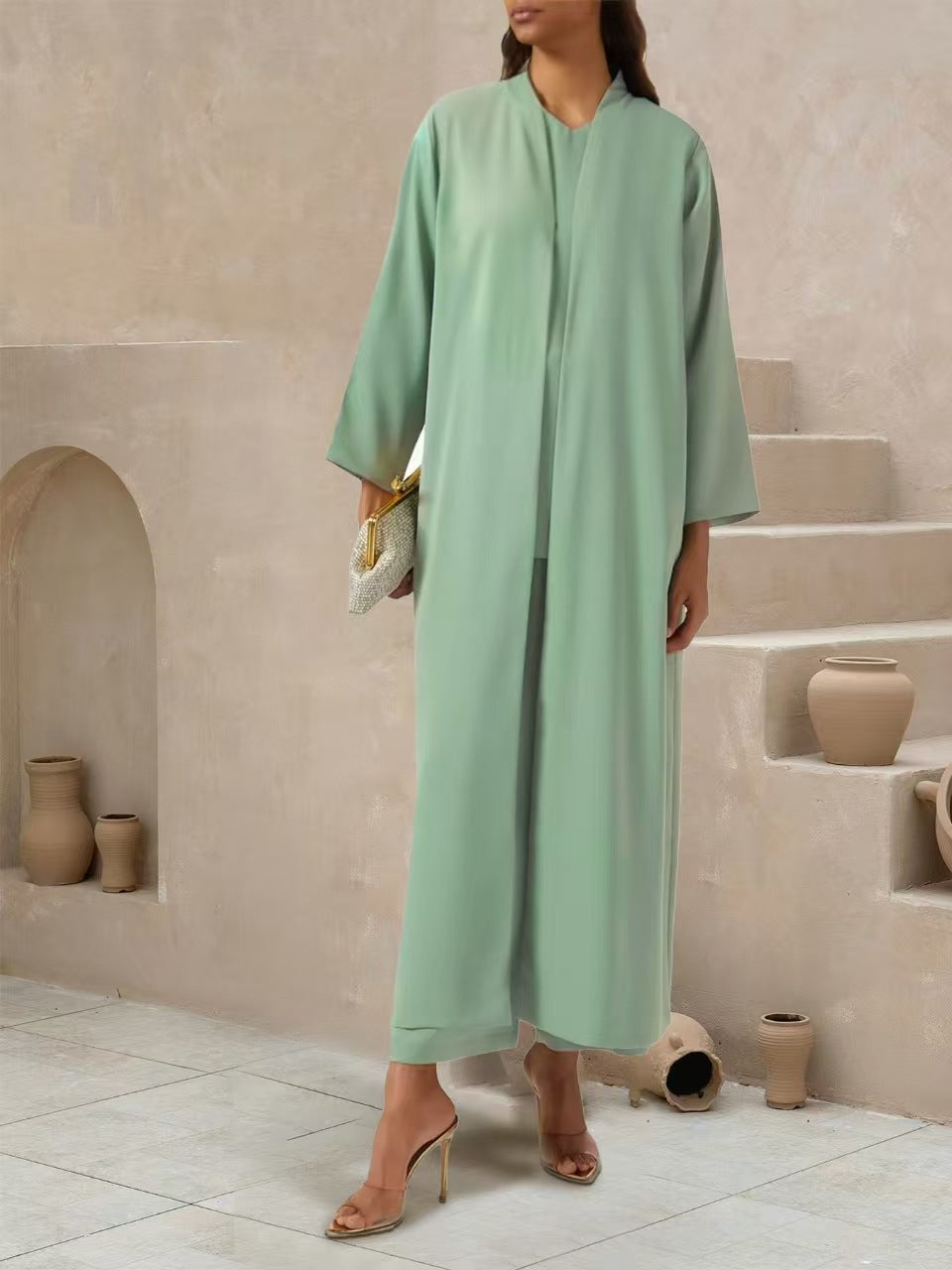 Manteau Maxi Kaftan Fluide pour Femmes avec Devant Ouvert et Col Montant Minimaliste