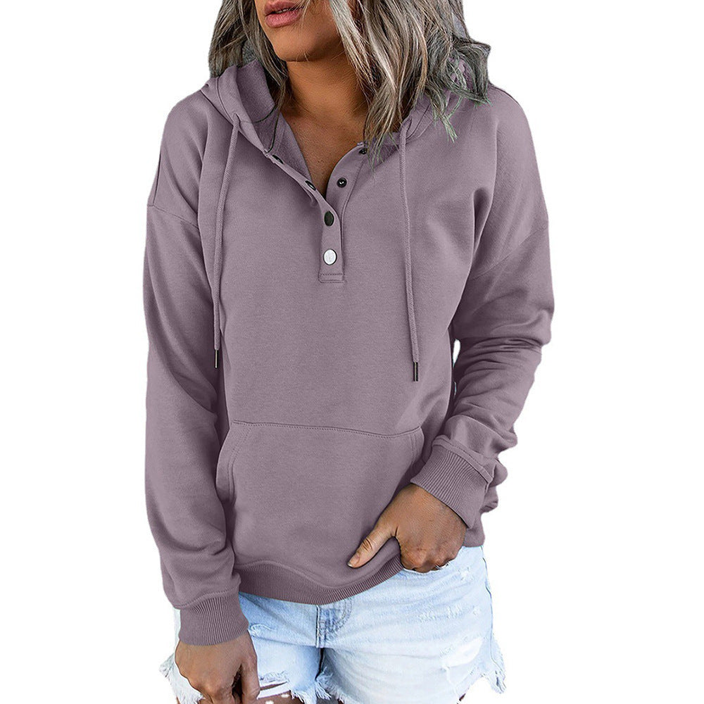 Sweat à capuche pour femmes avec patte de boutonnage Henley, poche kangourou et coupe décontractée Echoarchiv