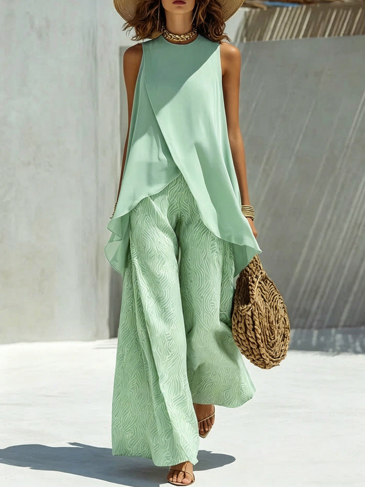 Ensemble élégant et léger pour femmes avec top asymétrique et pantalons larges R&B