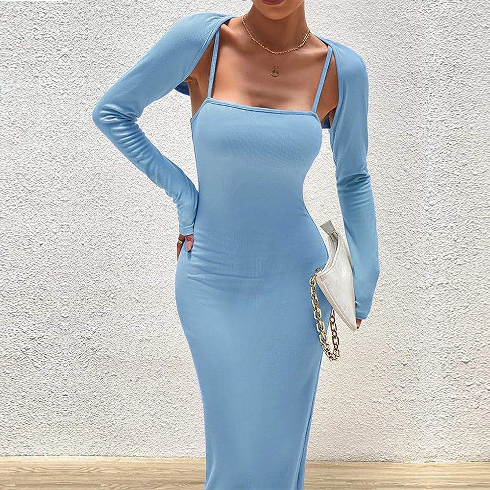 Robe maxi ajustée pour femme avec bretelles spaghetti et manches boléro amovibles