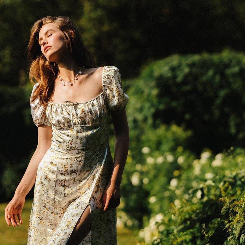 Robe maxi d'été pour femmes avec motifs floraux et fente profonde R&B