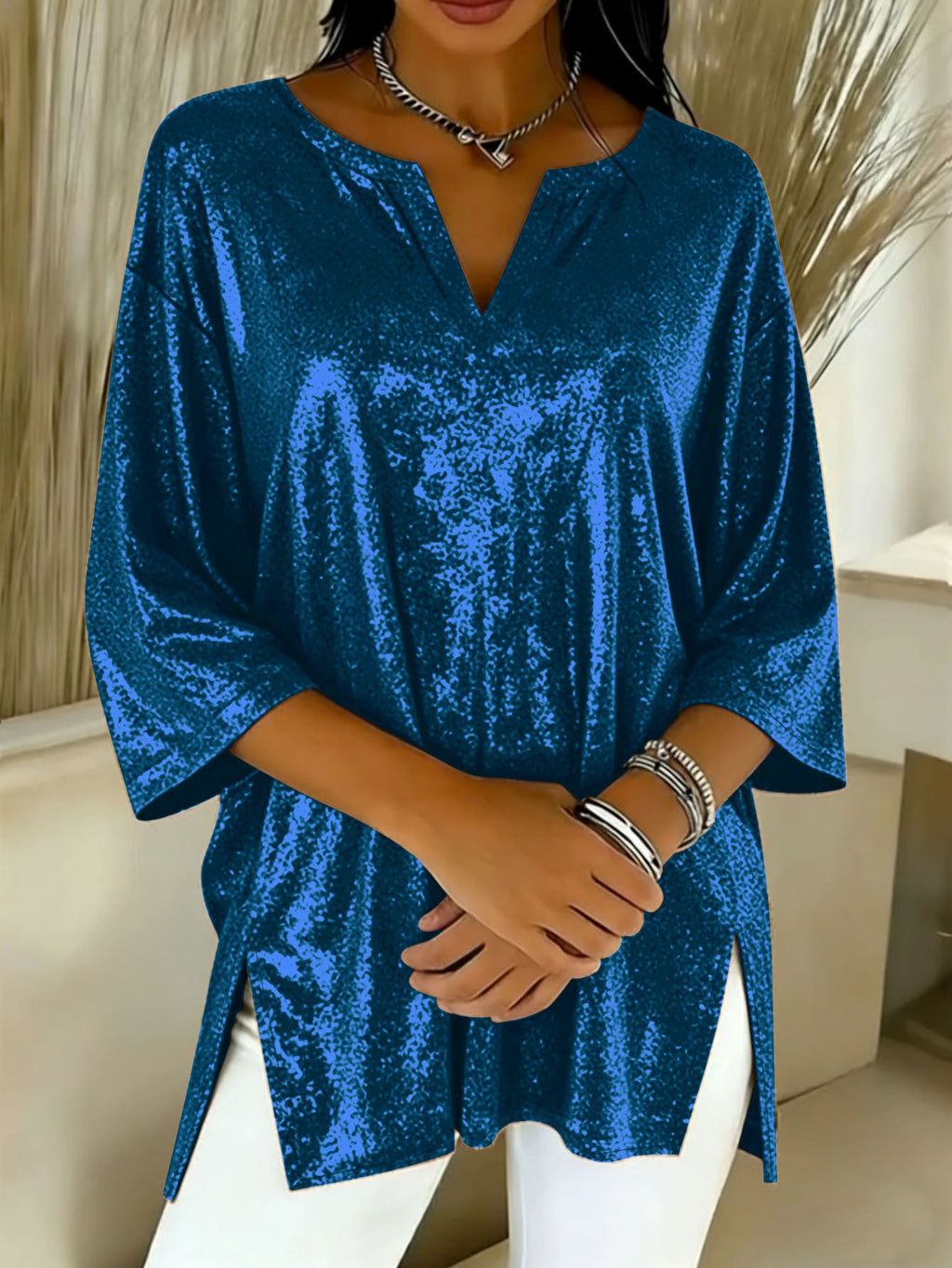 Blouse tunique scintillante pour femmes avec décolleté en V, manches chauve-souris et fentes latérales Echoarchiv