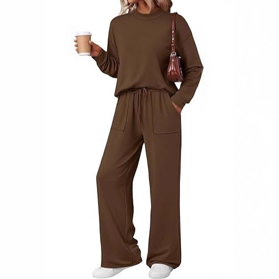 Ensemble de Loungewear Femme en jersey doux avec col rond et pantalon à cordon