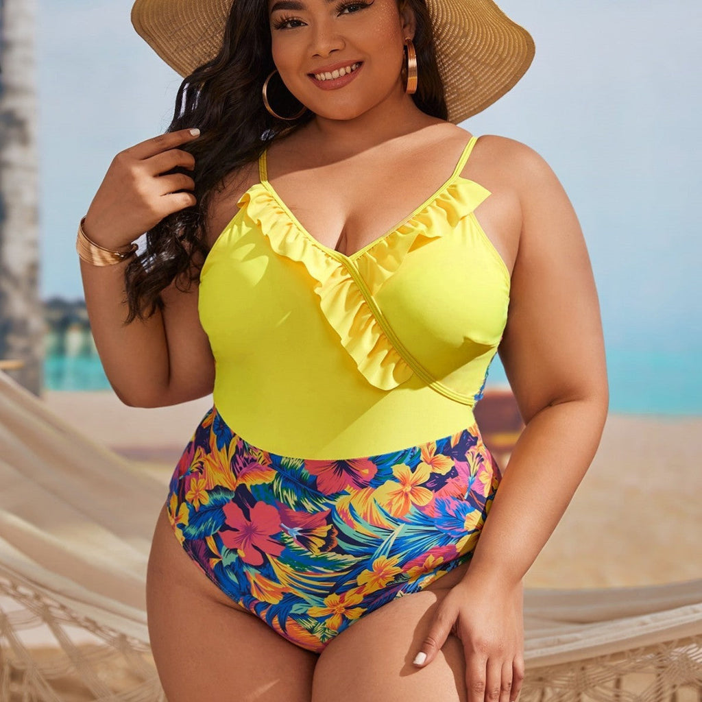 Maillot de bain une pièce pour femmes à taille haute avec détails en volants et motifs floraux Echo Archiv