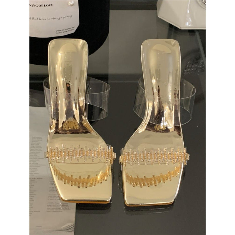 Mules transparentes élégantes pour femmes avec des ornements en strass scintillants R&B