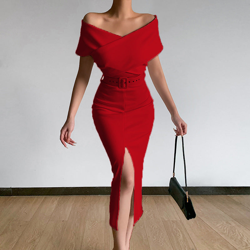 Robe Maxi Off-Shoulder pour Femme avec Ceinture à la Taille et Fente Latérale R&B