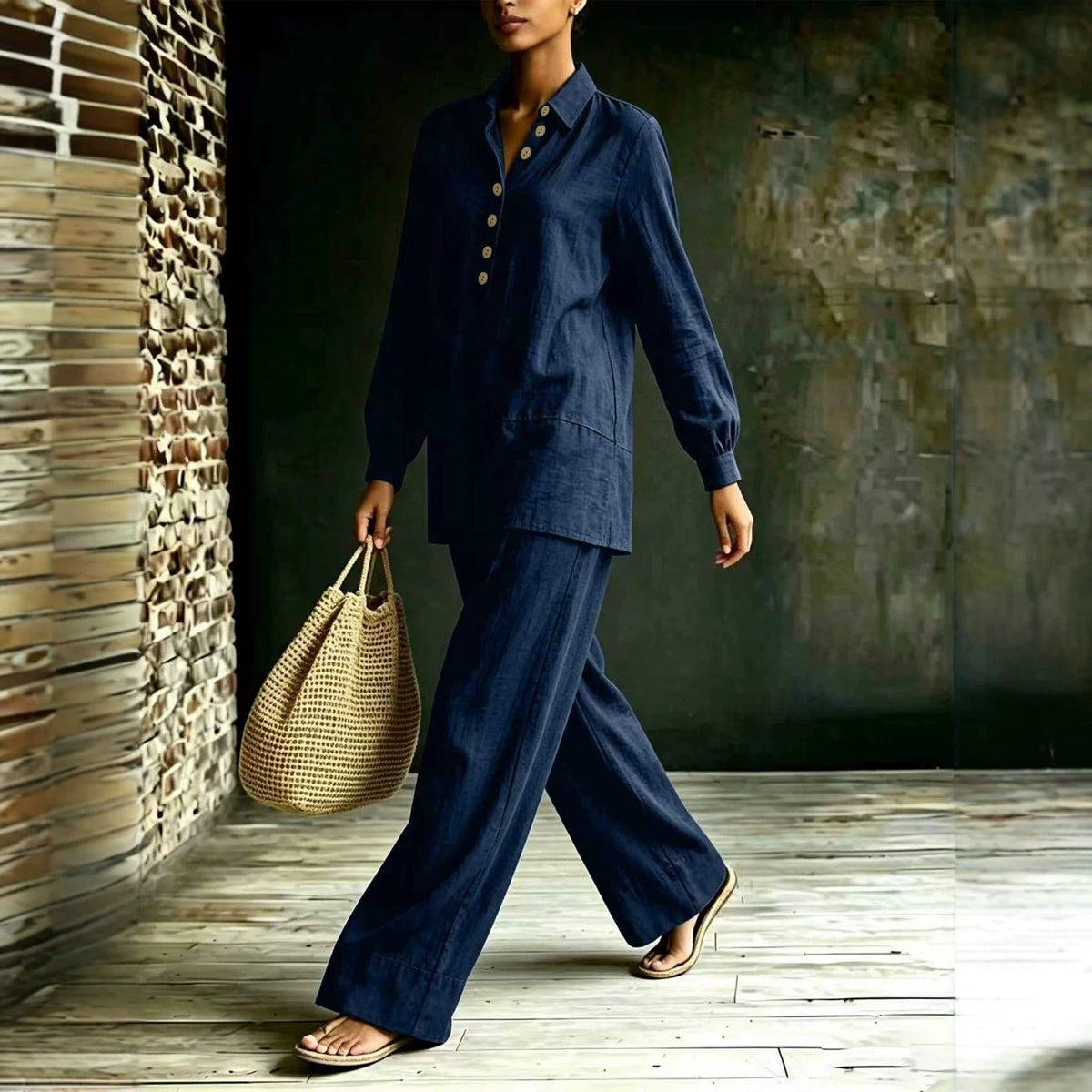 Ensemble tunique-pantalon pour femmes en aspect lin avec col chemise et coupe ample Echoarchiv
